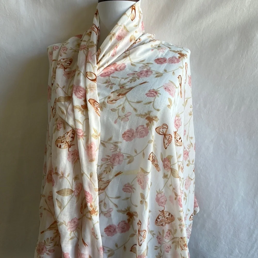 Cream/tan/brown/pink scarf with rose/bird/butterfly print